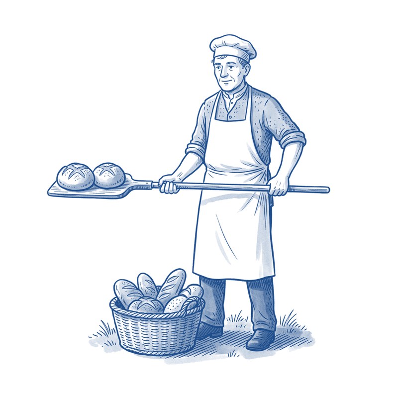 Een bakker met een witte muts houdt een lange schieter met twee ronde broden.