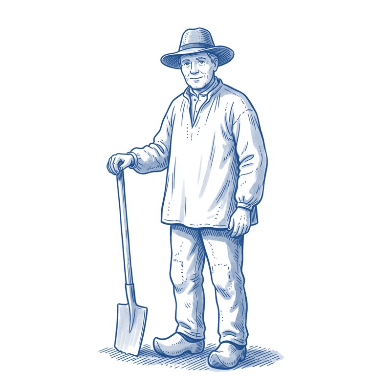 Een boer met een brede hoed en een werkkiel staat met een spade naast zich.