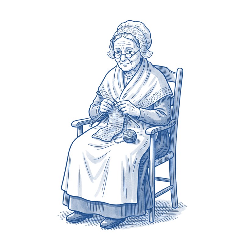 Een oude vrouw met bril en kanten muts zit in een leunstoel met breiwerk op schoot.