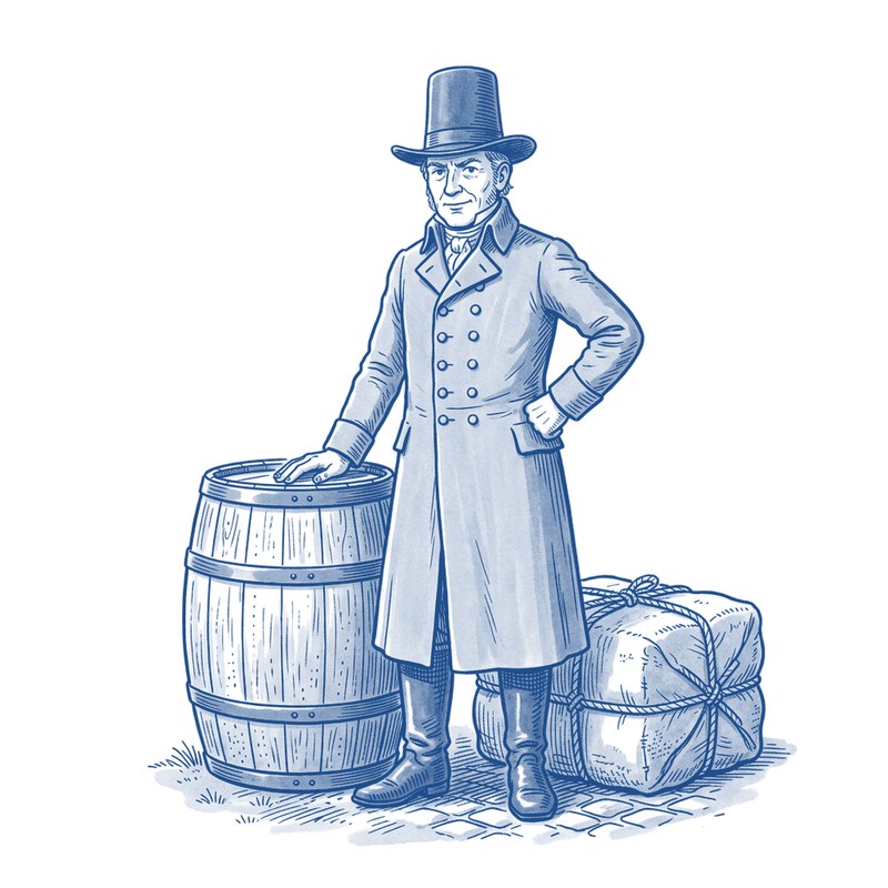 Een koopman in een lange jas en een hoge hoed leunt op een houten vat naast een baal.