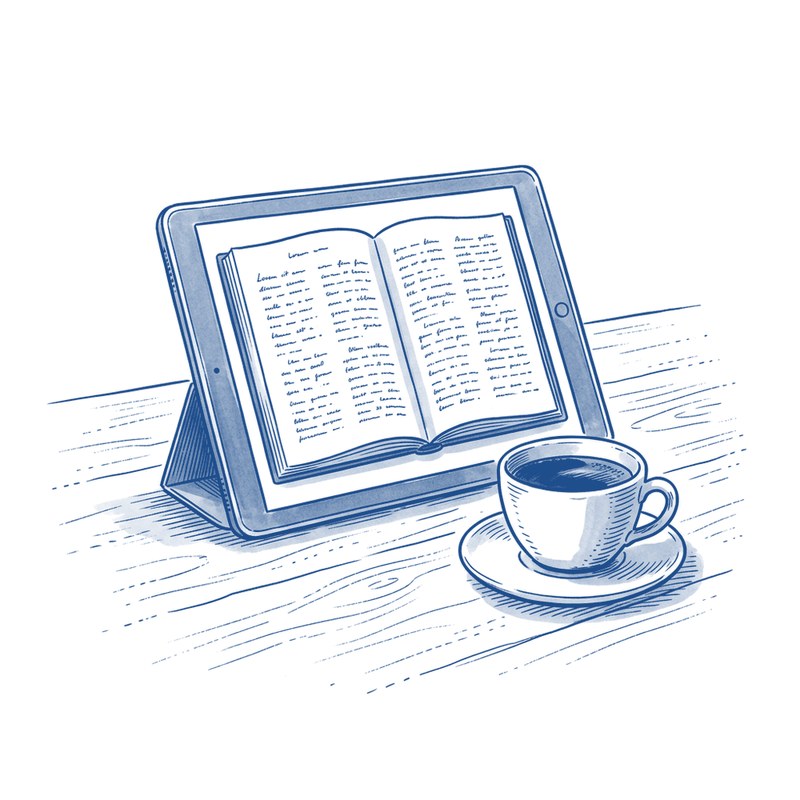 Een tablet op tafel toont een opengeslagen boek, een kop koffie ernaast.