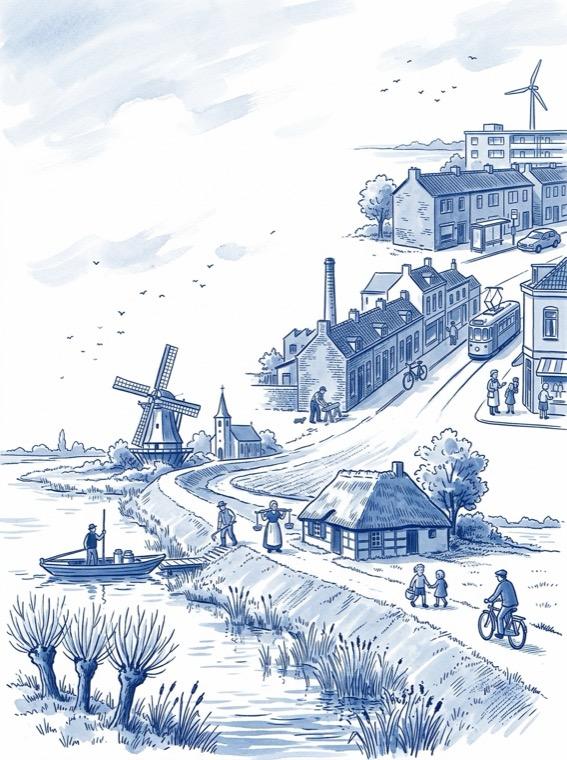 De kaft van Het Voorouderboek voor de familie Aldenhuizen: een Delfts blauw landschap van 1800 linksonder naar nu rechtsboven